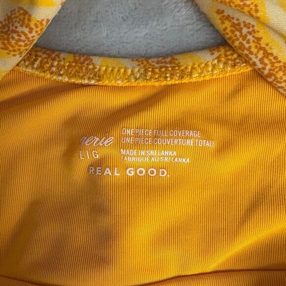 Aerie Twist front Cut Out Zeba Print Swimsuit Women's L Yellow Orange Full Cover - Picture 3 of 7